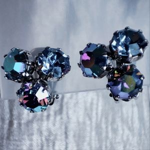 Aurora Borealis Blue Round Vintage Crystal Clip Earrings Prong Set Signed WEISS?